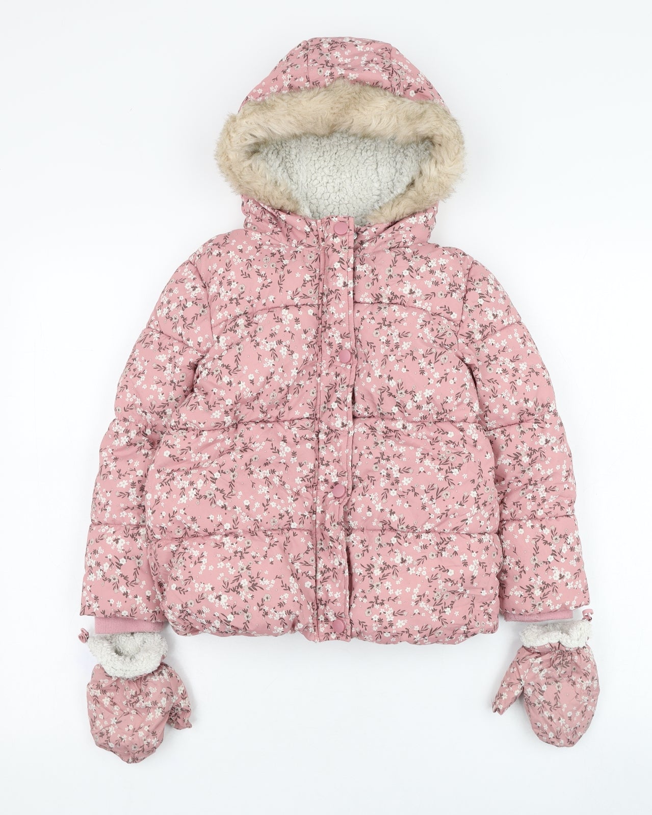 George Girls Pink Floral  Puffer Jacket Coat Size 6-7 Years  Zip