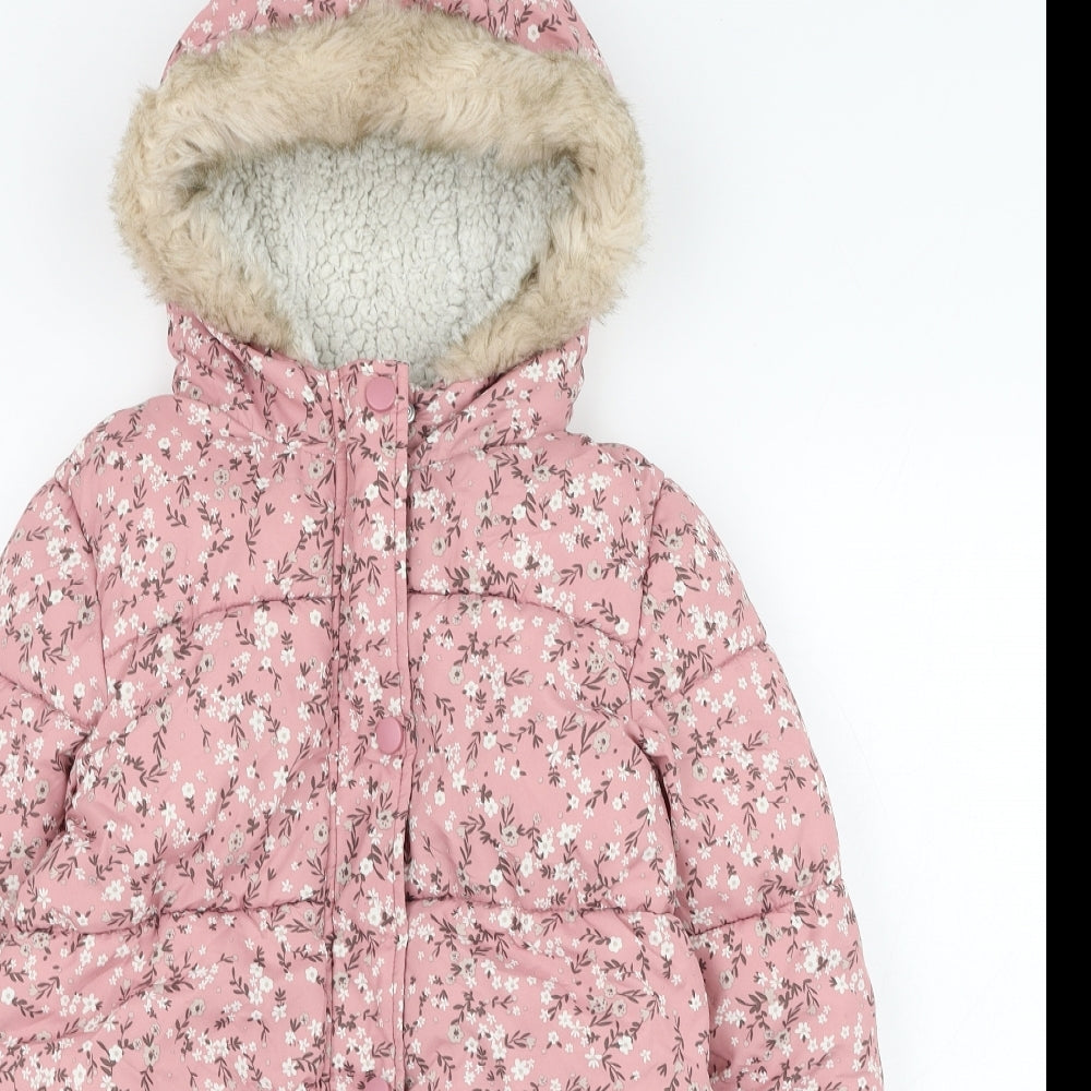 George Girls Pink Floral  Puffer Jacket Coat Size 6-7 Years  Zip