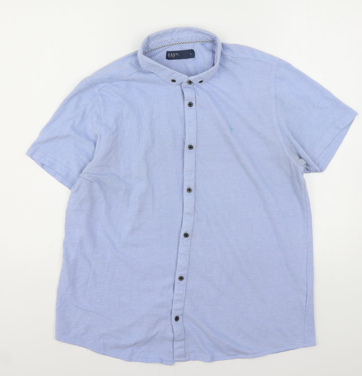 Easy Mens Blue Cotton Button-Up Size L Collared Button