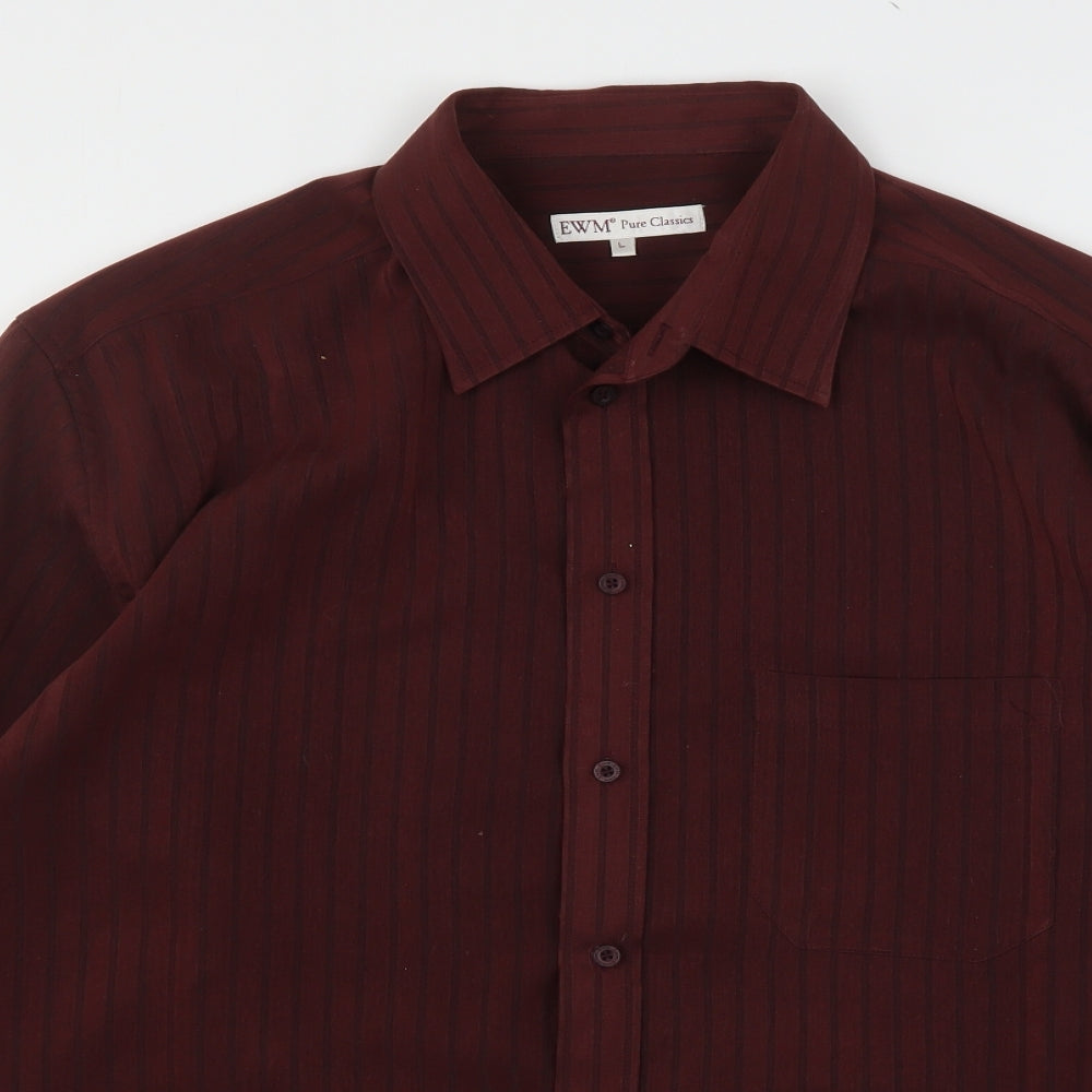 EWM Mens Red Striped Polyester  Button-Up Size L Collared