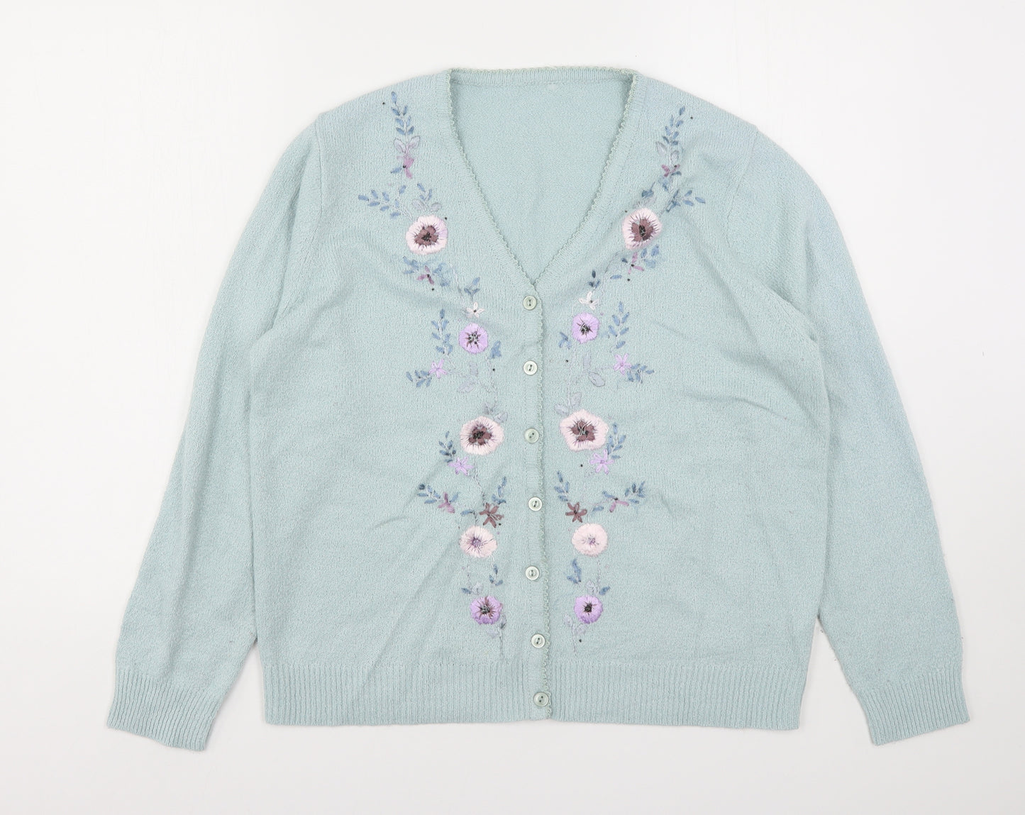 Berkertex Womens Green V-Neck Floral Acrylic Cardigan Jumper Size 14