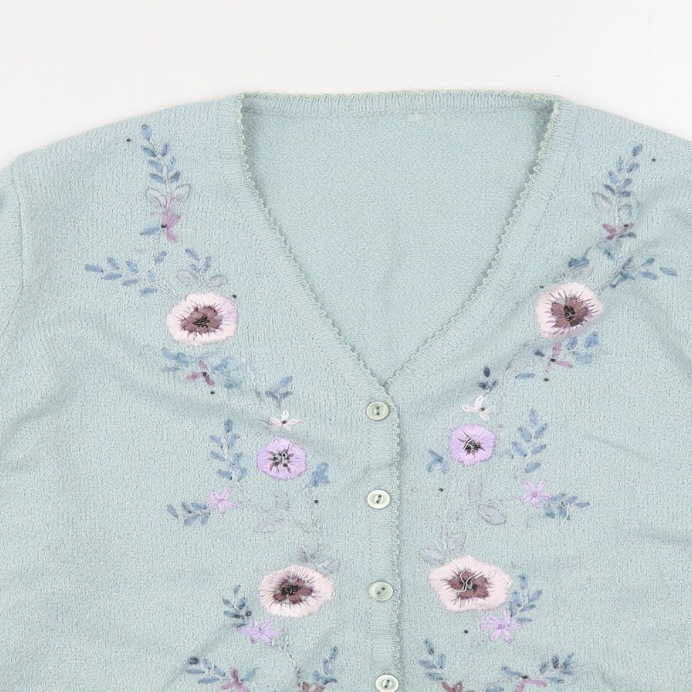 Berkertex Womens Green V-Neck Floral Acrylic Cardigan Jumper Size 14