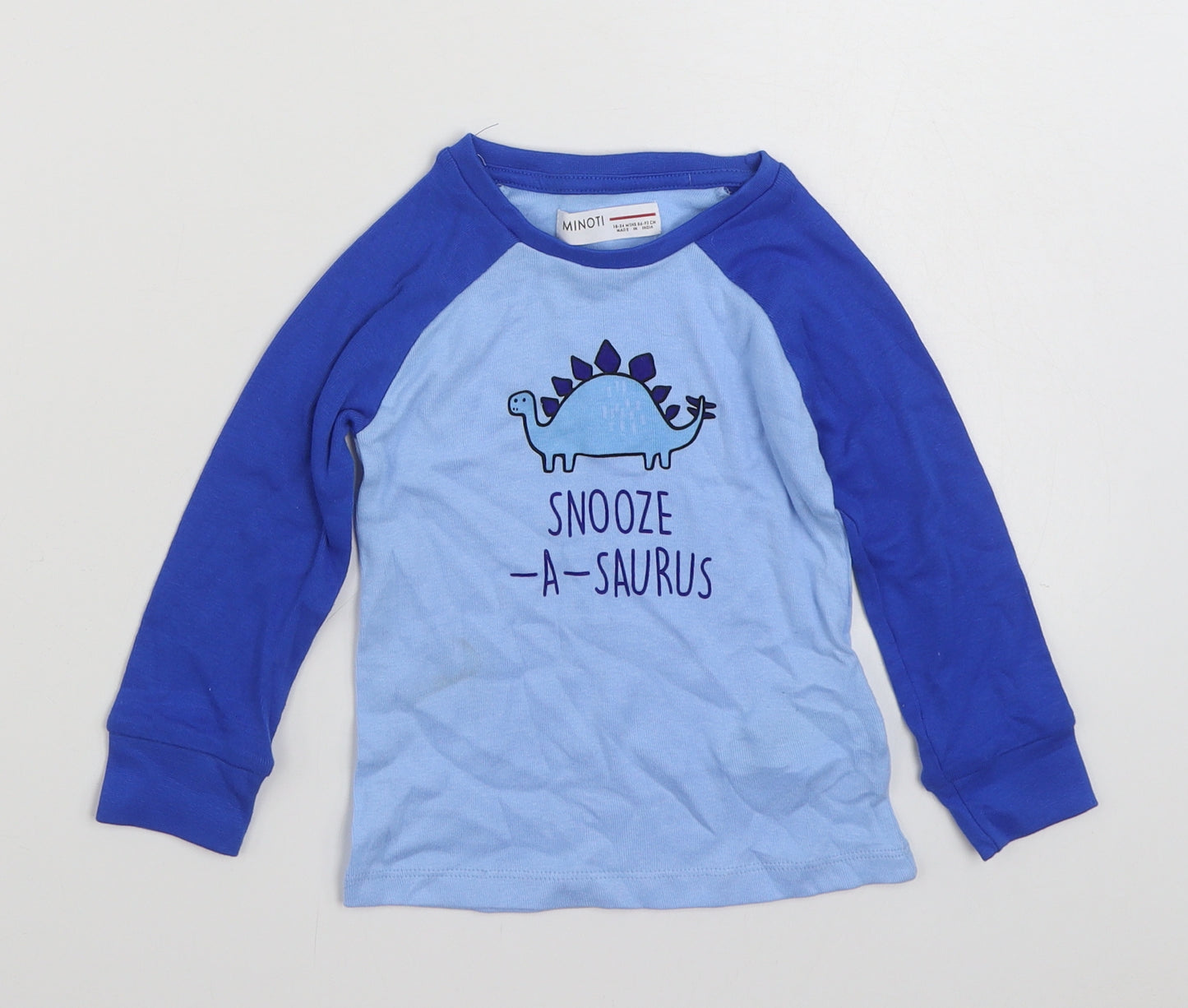 Minoti Boys Blue  100% Cotton Ringer T-Shirt Size 18-24 Months Crew Neck Pullover - Snooze - A - Saurus