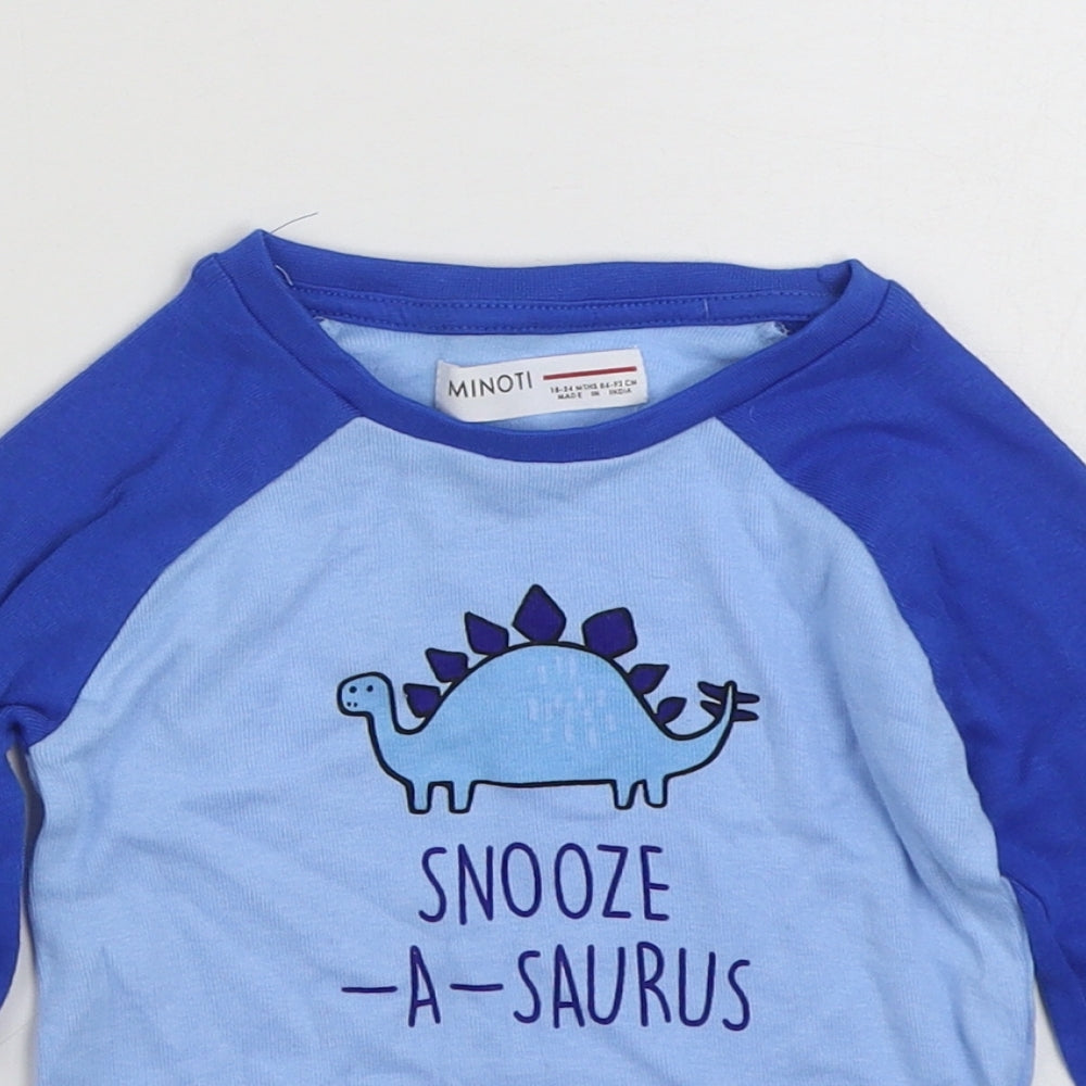 Minoti Boys Blue  100% Cotton Ringer T-Shirt Size 18-24 Months Crew Neck Pullover - Snooze - A - Saurus