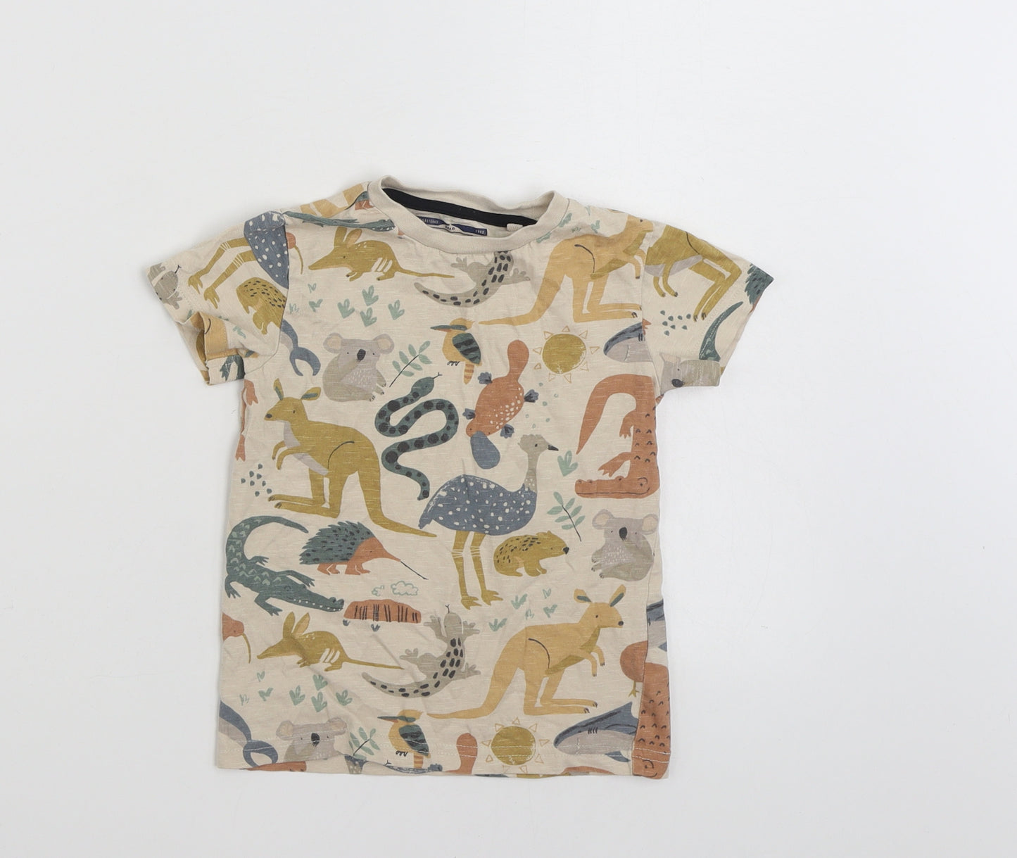 NEXT Boys Beige  100% Cotton Basic T-Shirt Size 2-3 Years Crew Neck Pullover - Animal