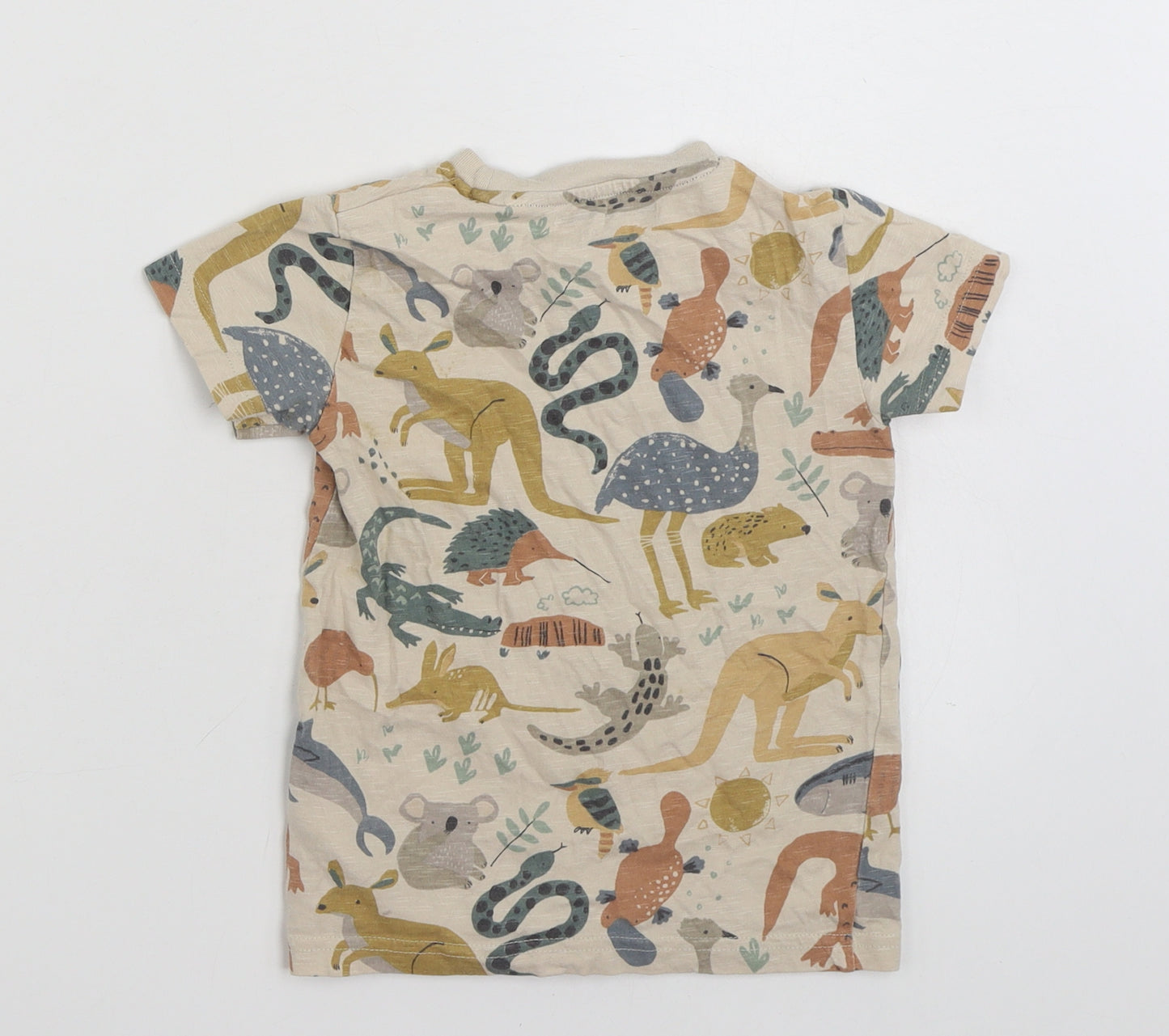 NEXT Boys Beige  100% Cotton Basic T-Shirt Size 2-3 Years Crew Neck Pullover - Animal
