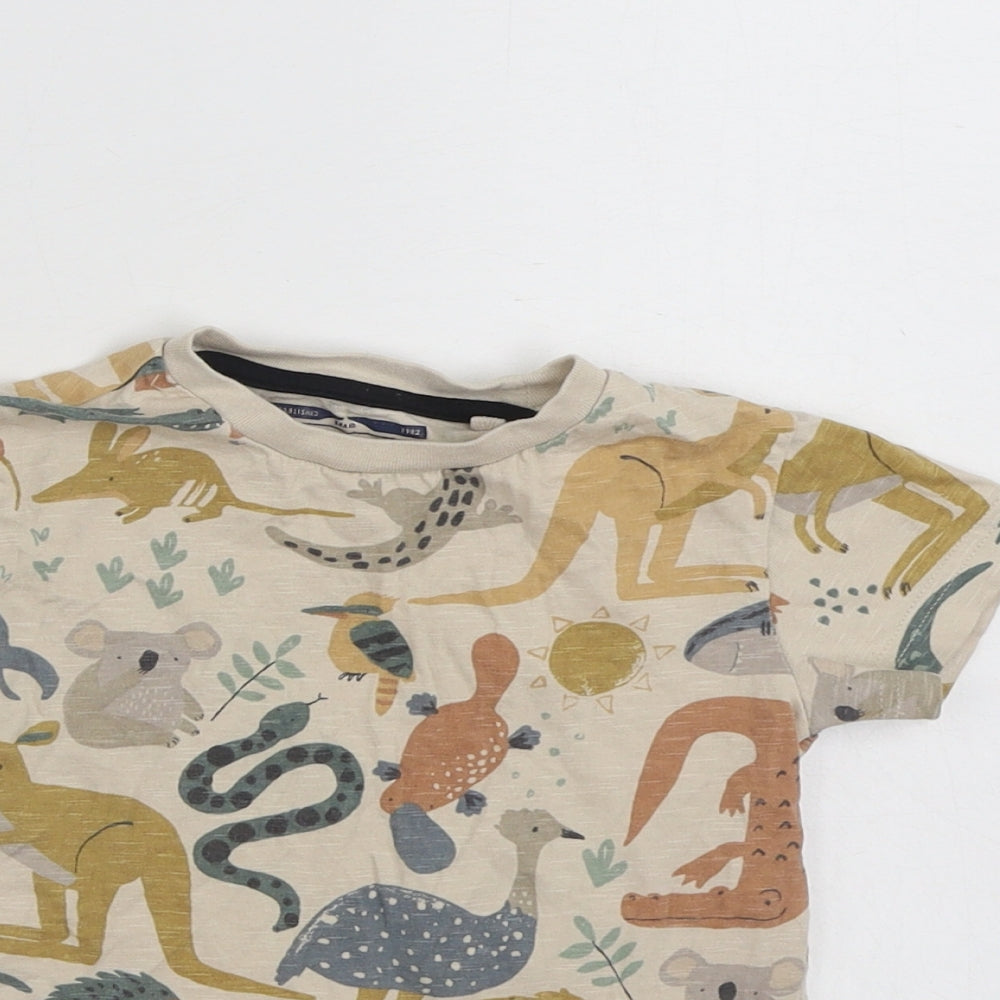 NEXT Boys Beige  100% Cotton Basic T-Shirt Size 2-3 Years Crew Neck Pullover - Animal