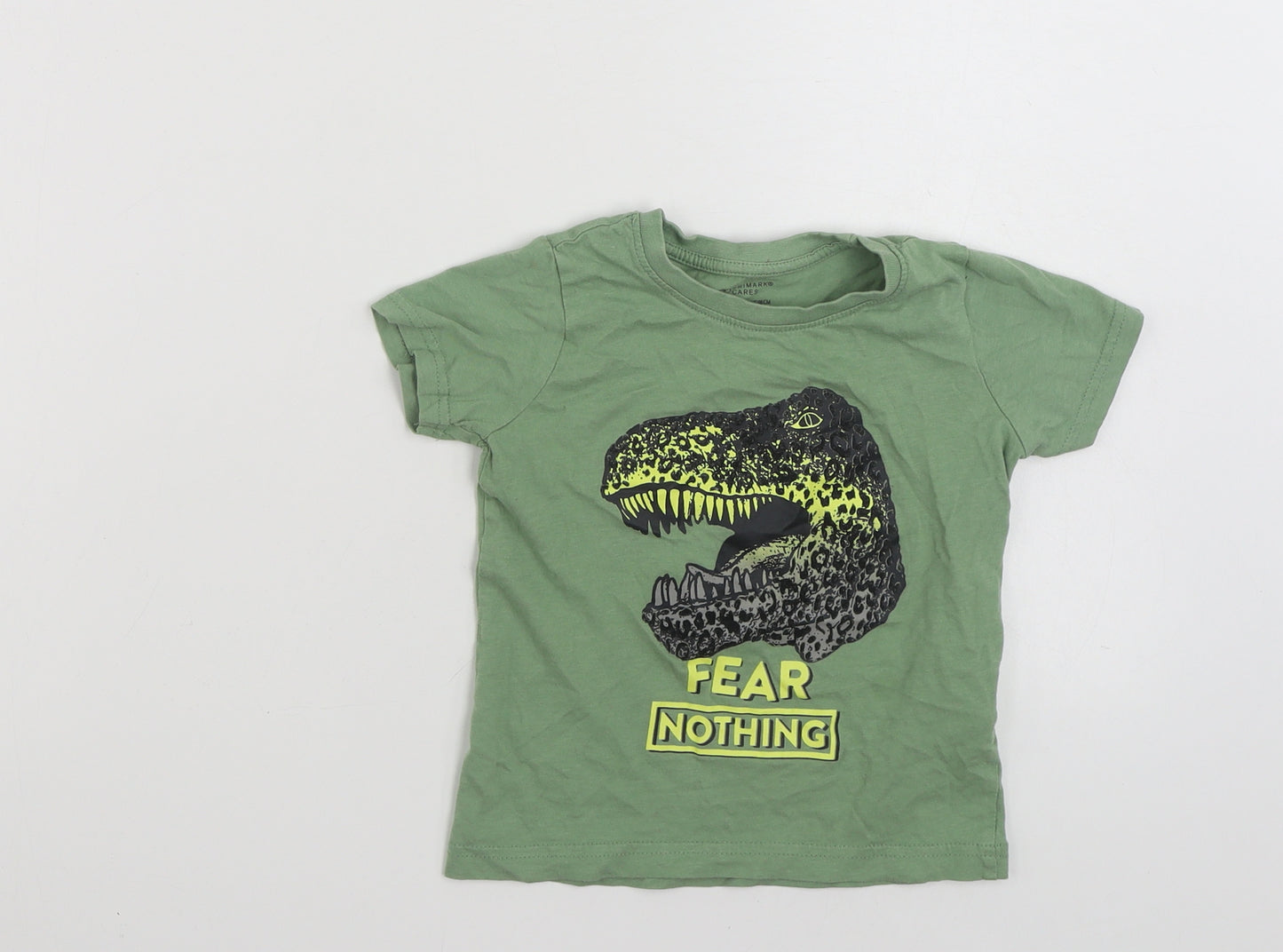 Primark Boys Green  100% Cotton Basic T-Shirt Size 2-3 Years Crew Neck Pullover - Dinosaur- Fear Nothing