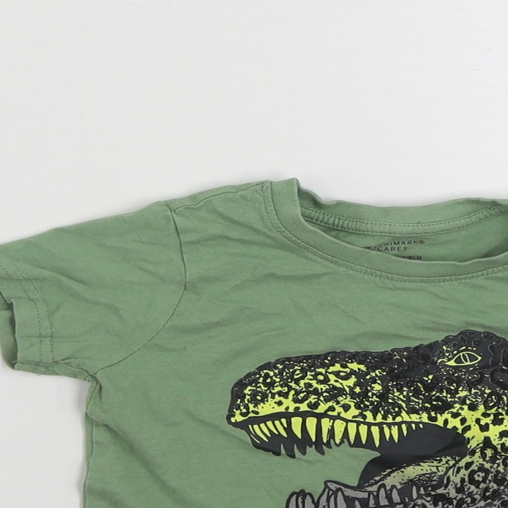 Primark Boys Green  100% Cotton Basic T-Shirt Size 2-3 Years Crew Neck Pullover - Dinosaur- Fear Nothing
