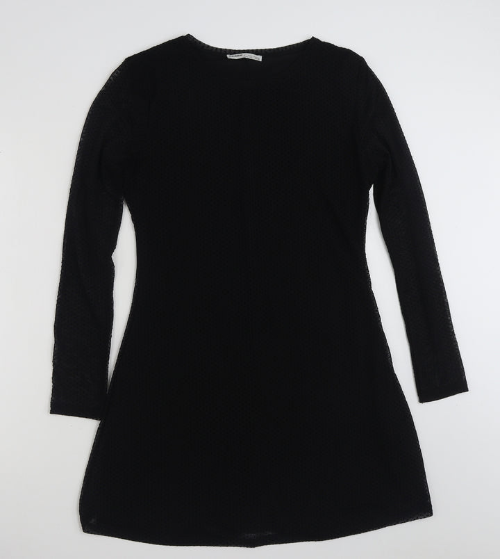 Pull&Bear Womens Black Plaid Polyester A-Line  Size L  Crew Neck Pullover