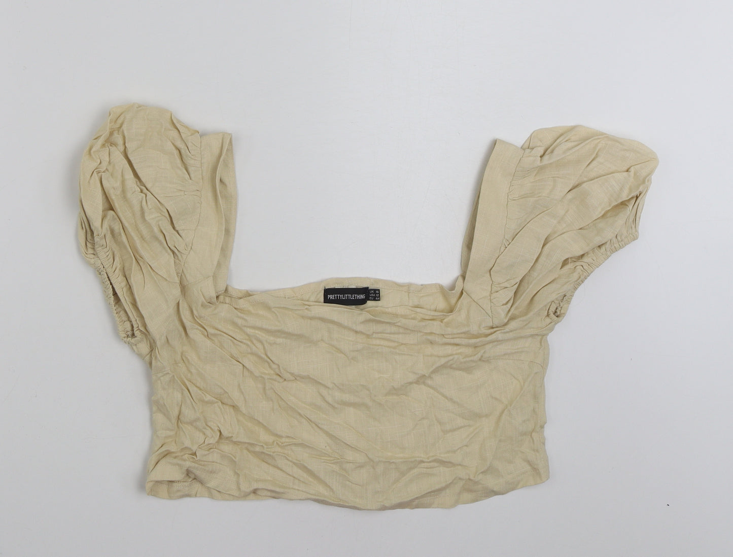 PRETTYLITTLETHING Womens Beige  Linen Cropped Blouse Size 16 Square Neck