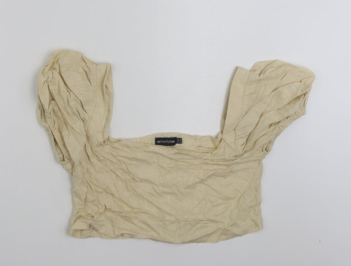PRETTYLITTLETHING Womens Beige  Linen Cropped Blouse Size 16 Square Neck
