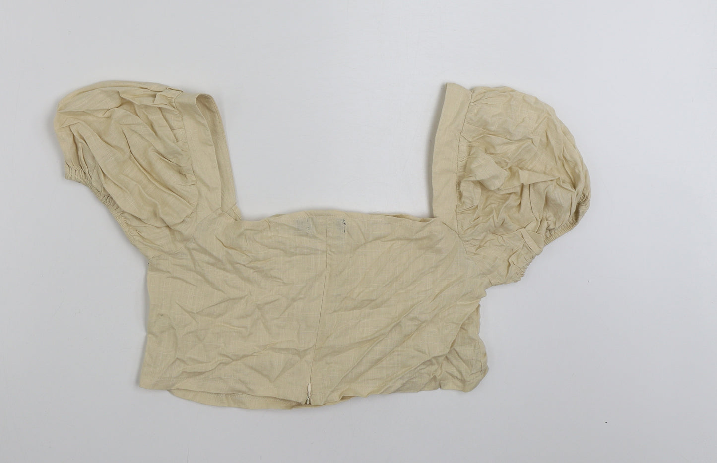 PRETTYLITTLETHING Womens Beige  Linen Cropped Blouse Size 16 Square Neck