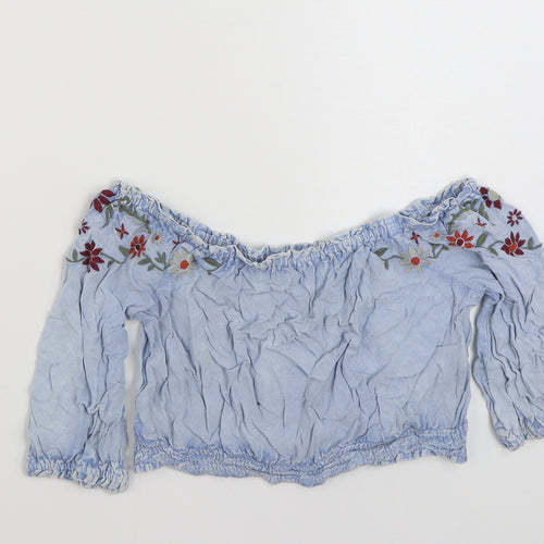 New Look Womens Blue Floral Viscose Basic Blouse Size 8 Boat Neck