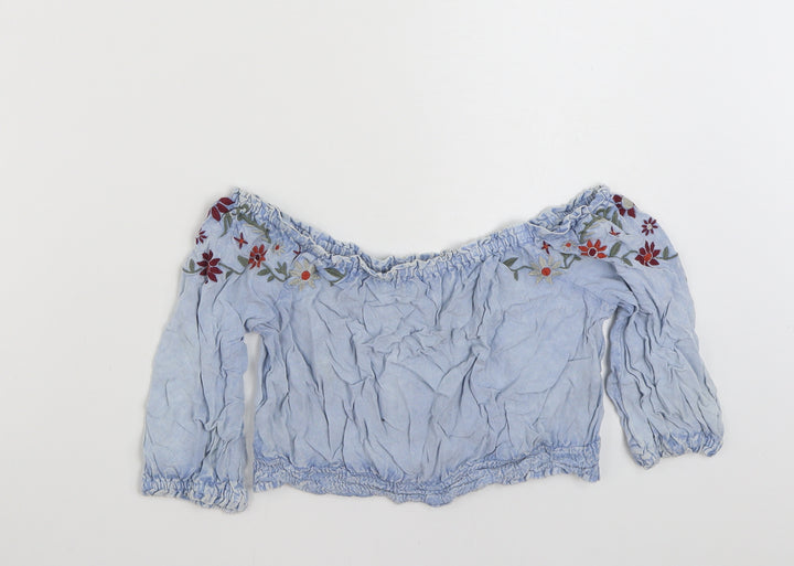 New Look Womens Blue Floral Viscose Basic Blouse Size 8 Boat Neck