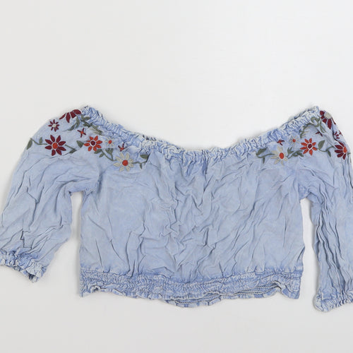 New Look Womens Blue Floral Viscose Basic Blouse Size 8 Boat Neck