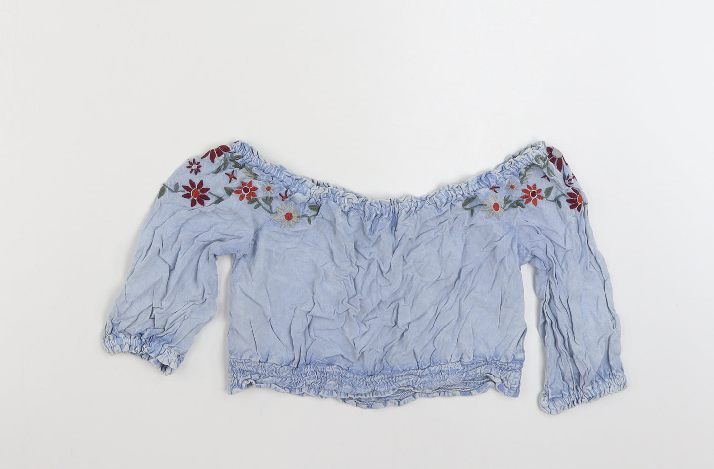 New Look Womens Blue Floral Viscose Basic Blouse Size 8 Boat Neck