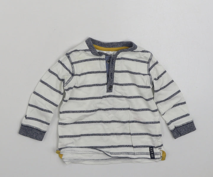 F&F Boys White Striped 100% Cotton Basic T-Shirt Size 3-6 Months Henley Button