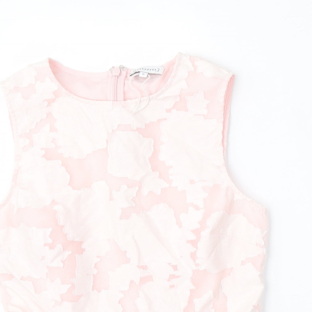 Warehouse Womens Pink Floral Cotton Basic Blouse Size 12 Round Neck