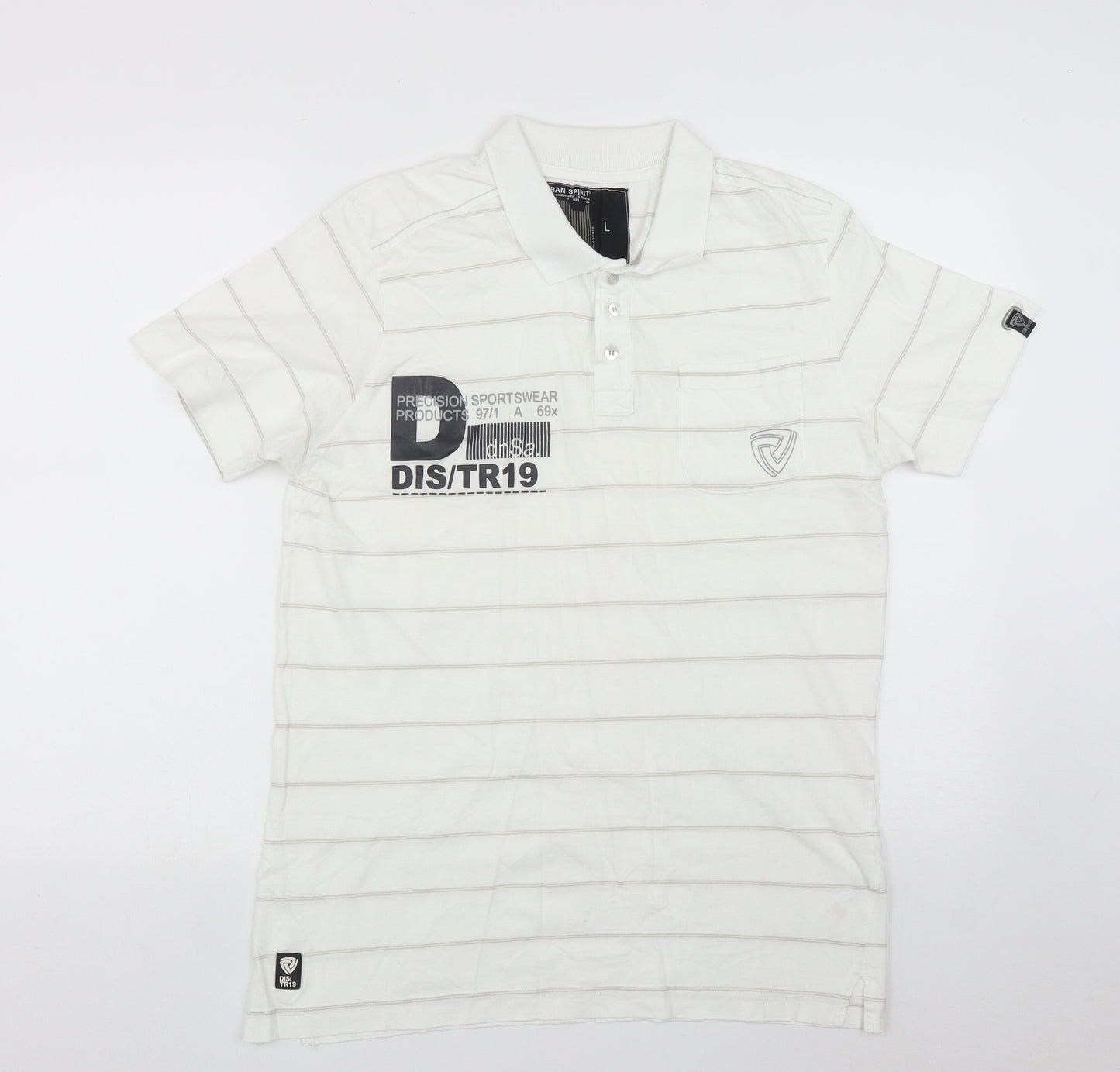 UrbanSpirit Mens White Striped Cotton  Polo Size L Collared Button