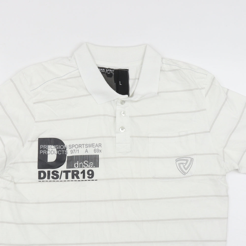 UrbanSpirit Mens White Striped Cotton  Polo Size L Collared Button