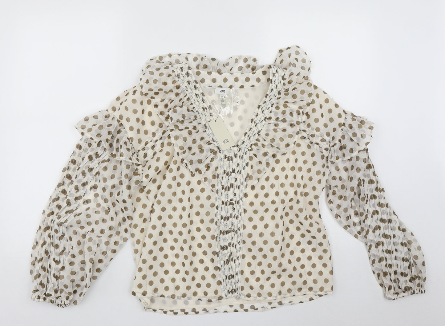 River Island Womens Beige Polka Dot Polyester Basic Blouse Size 10 V-Neck