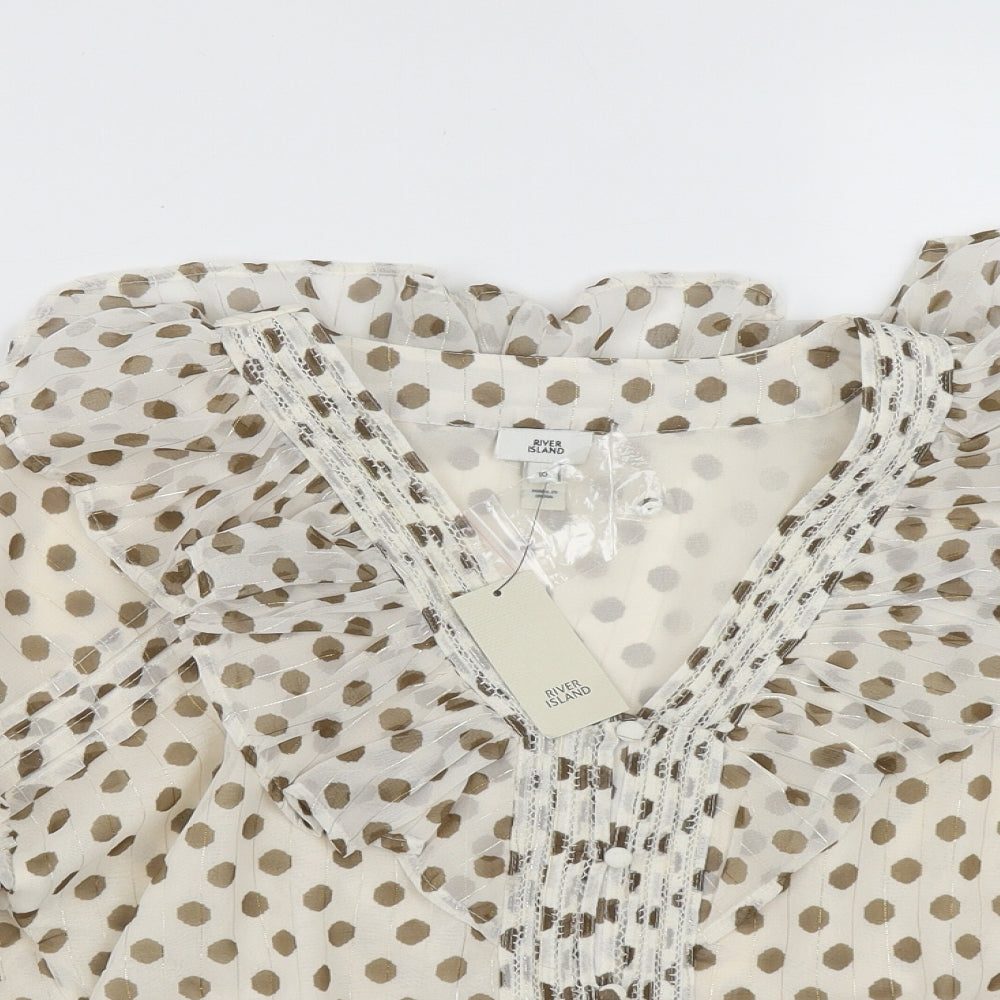 River Island Womens Beige Polka Dot Polyester Basic Blouse Size 10 V-Neck