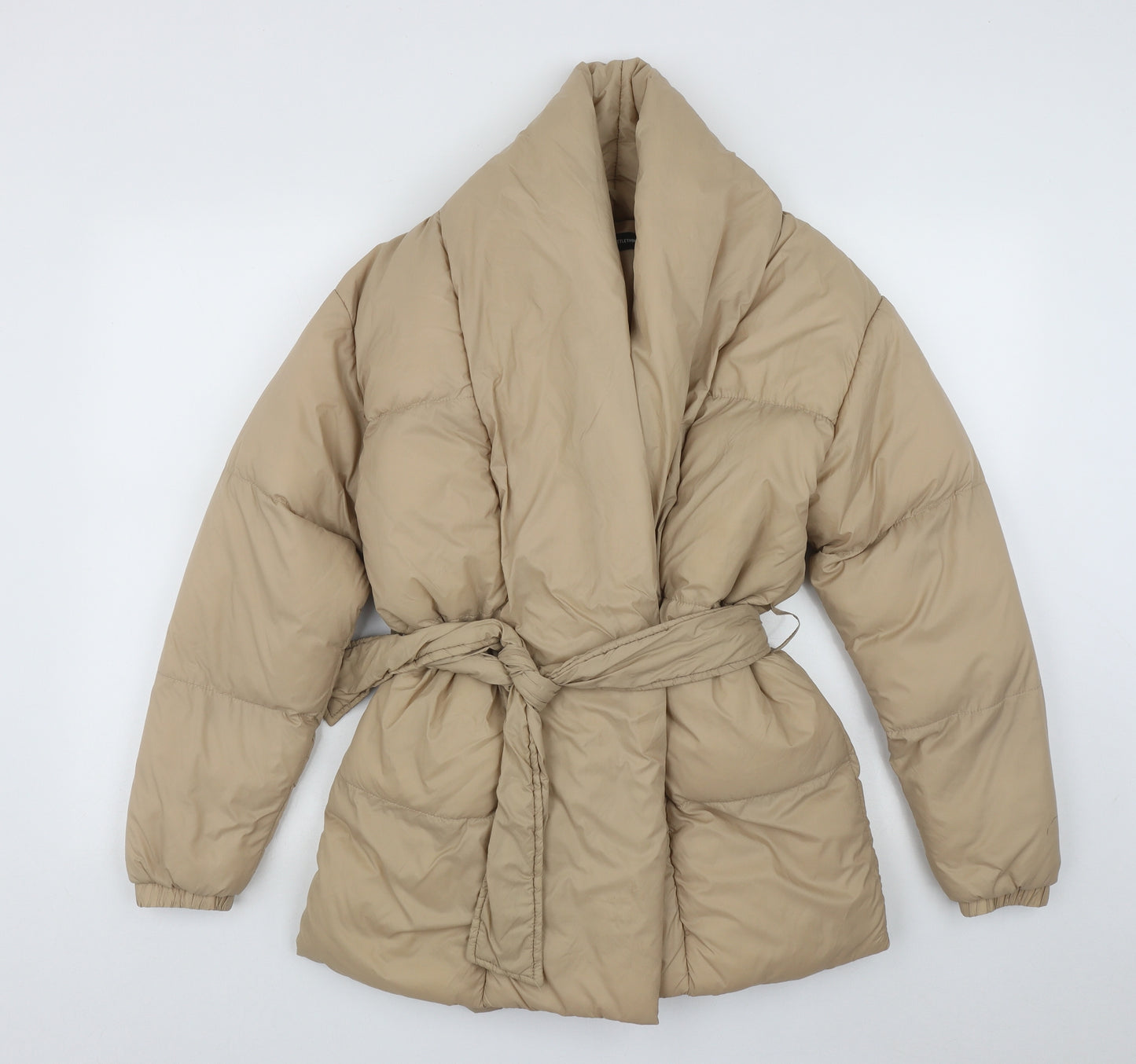 PRETTYLITTLETHING Womens Beige   Puffer Jacket Coat Size 6  Tie