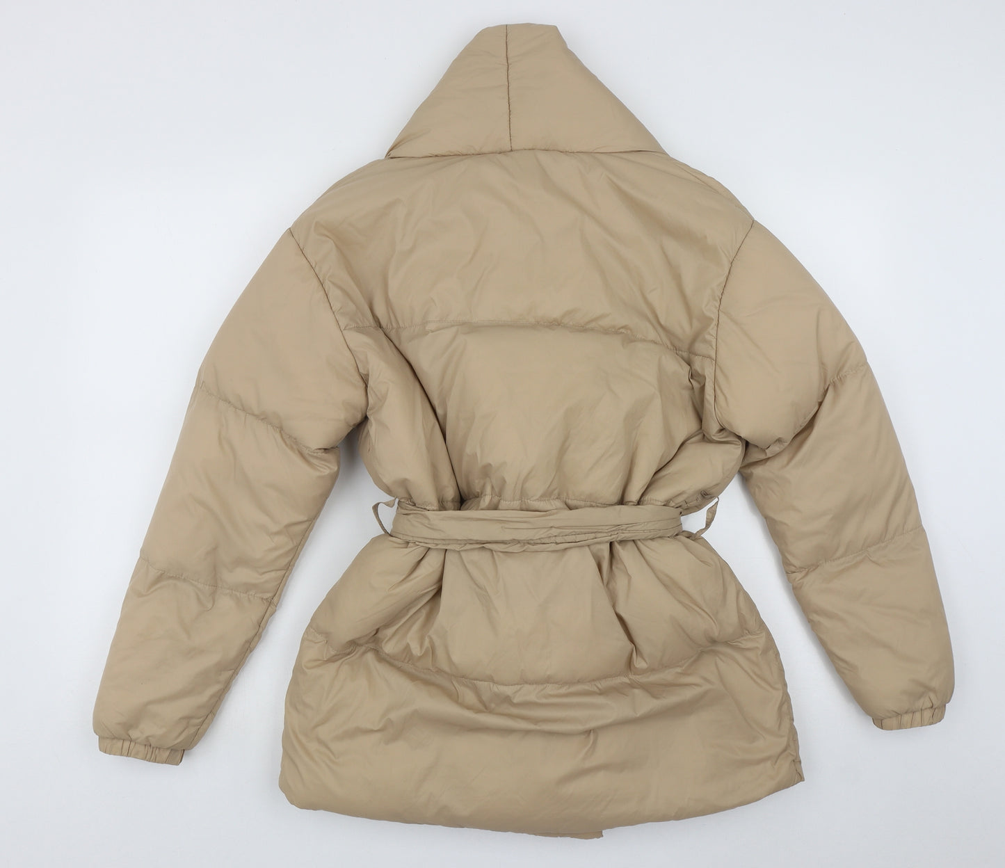 PRETTYLITTLETHING Womens Beige   Puffer Jacket Coat Size 6  Tie