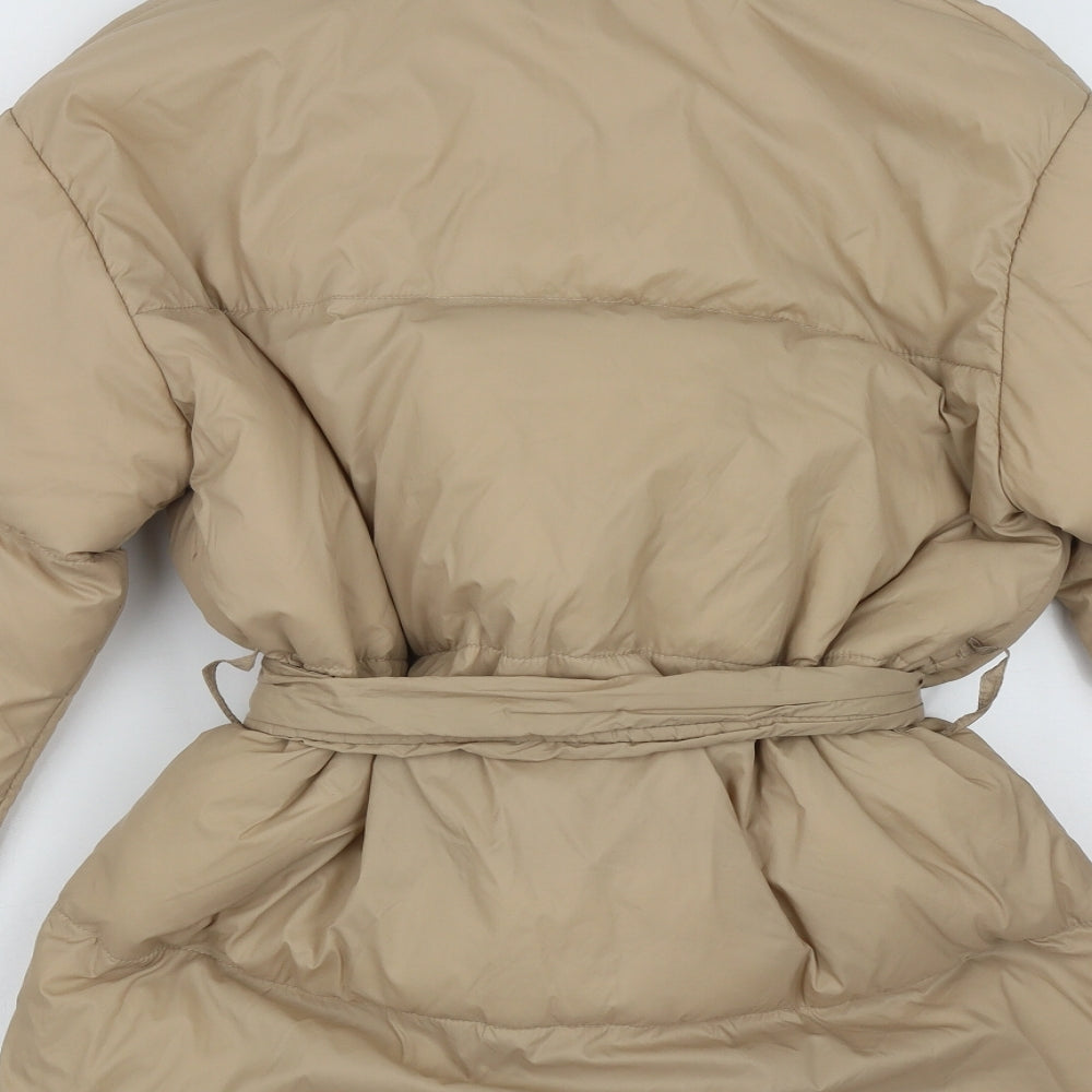 PRETTYLITTLETHING Womens Beige   Puffer Jacket Coat Size 6  Tie