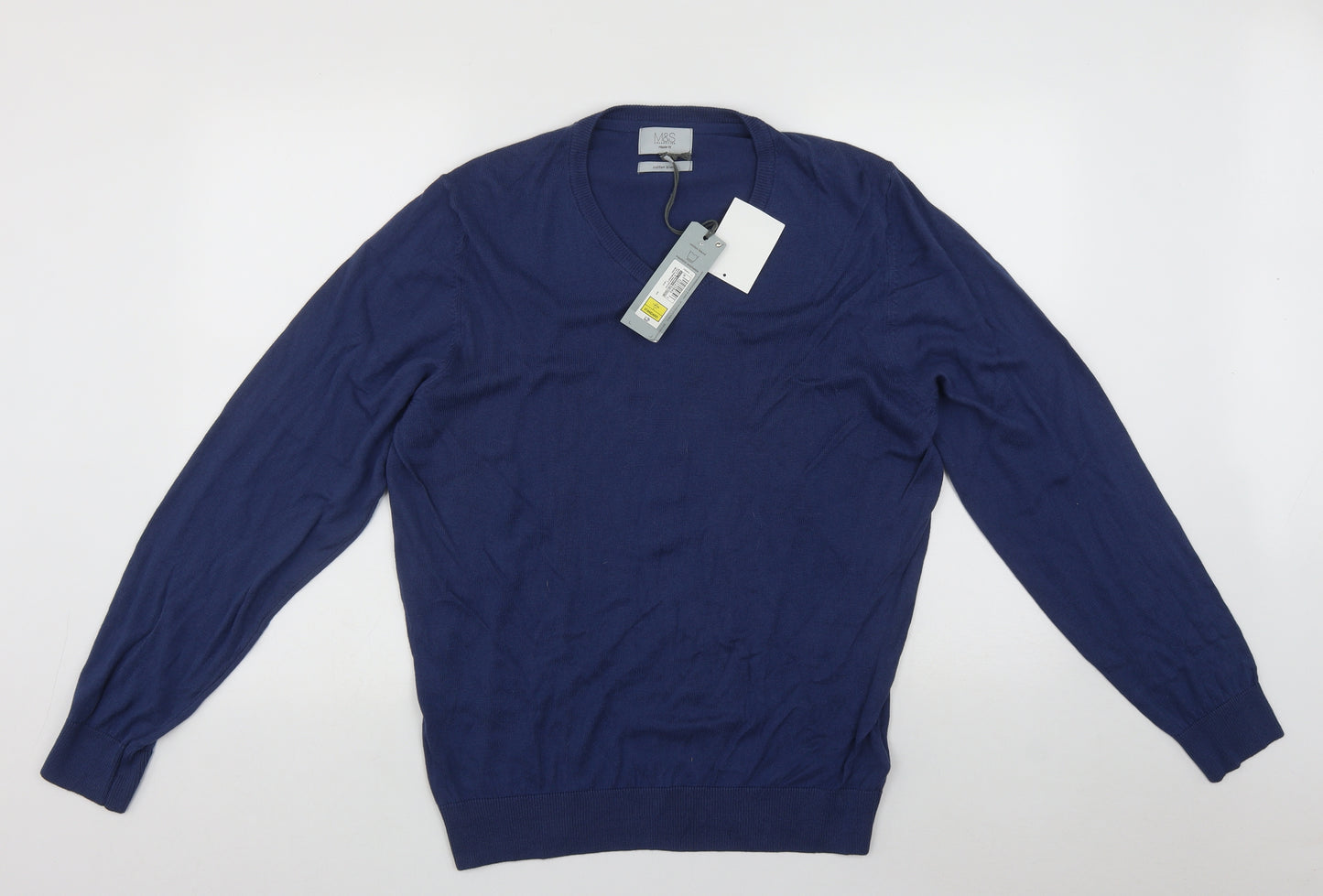 Marks and Spencer Mens Blue V-Neck  Cotton Pullover Jumper Size L
