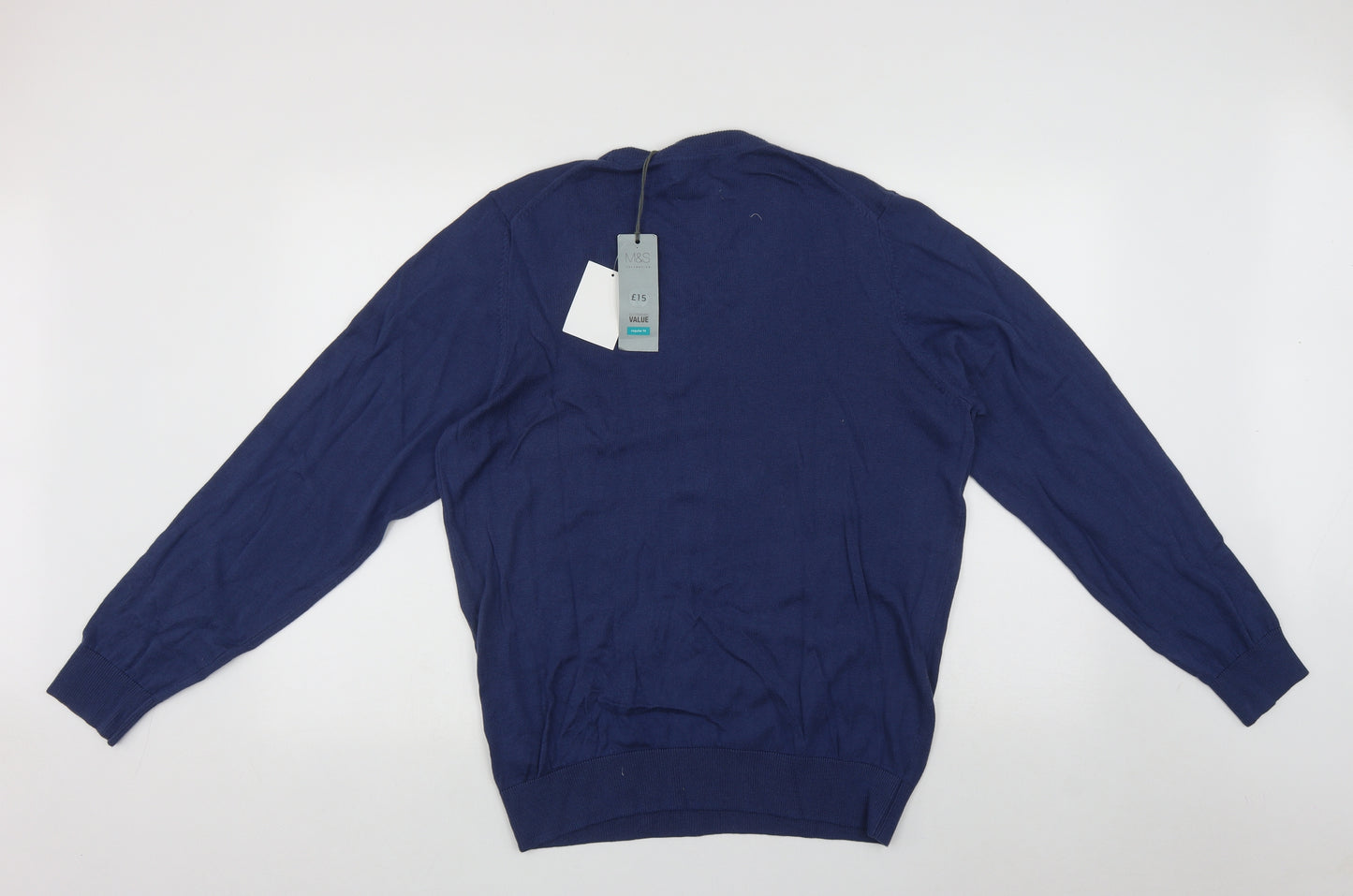 Marks and Spencer Mens Blue V-Neck  Cotton Pullover Jumper Size L