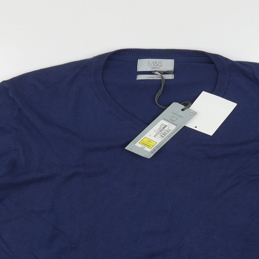 Marks and Spencer Mens Blue V-Neck  Cotton Pullover Jumper Size L