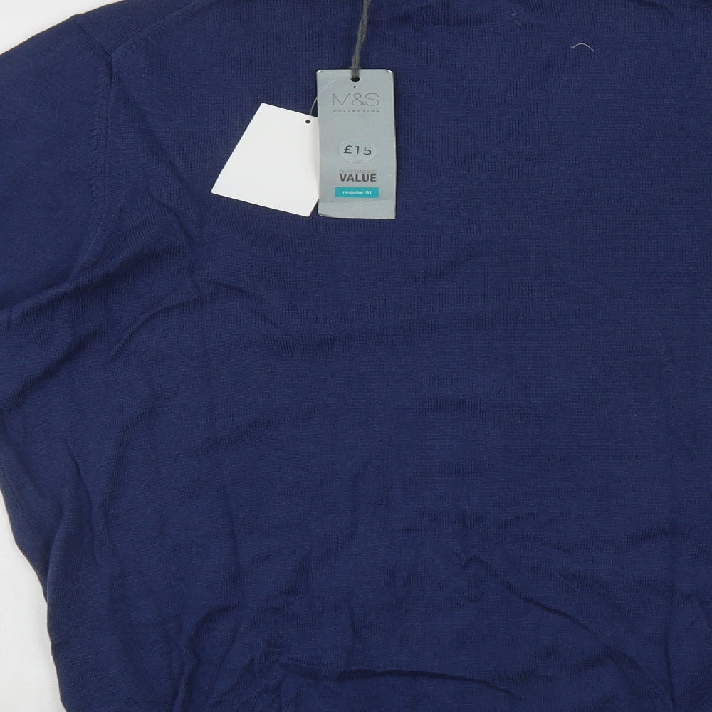 Marks and Spencer Mens Blue V-Neck  Cotton Pullover Jumper Size L