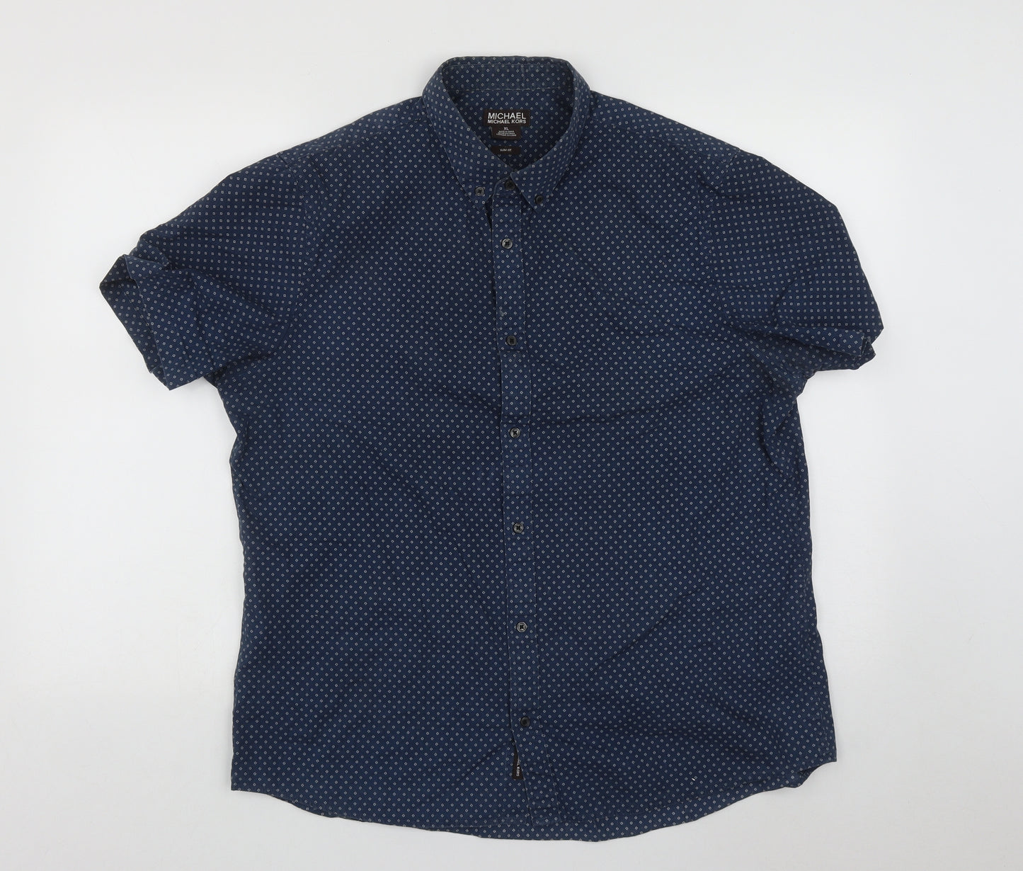 Michael Kors Mens Blue Geometric Cotton  Button-Up Size XL Collared Button
