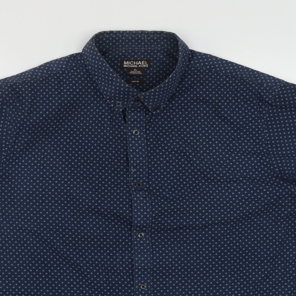Michael Kors Mens Blue Geometric Cotton  Button-Up Size XL Collared Button