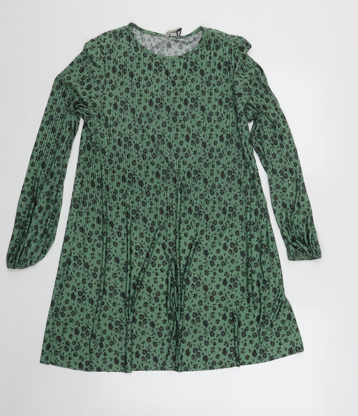 Stradivarius Womens Green Floral Polyester Skater Dress Size S Roll Neck
