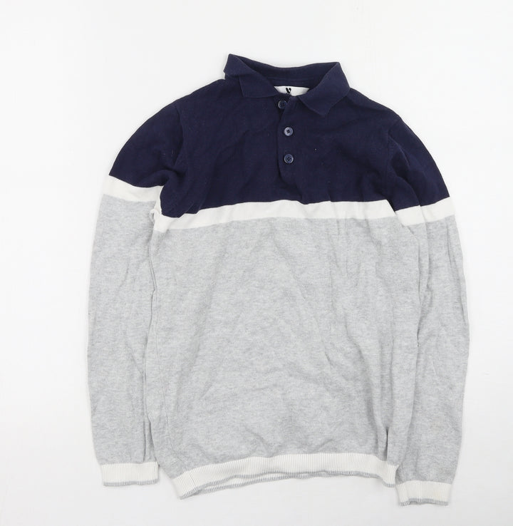Very Boys Grey Collared Striped Cotton Pullover Jumper Size 11 Years