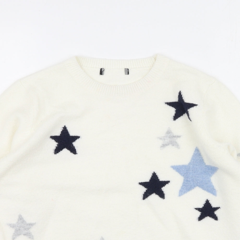 F&F Womens White Round Neck  Acrylic Pullover Jumper Size 10   - stars