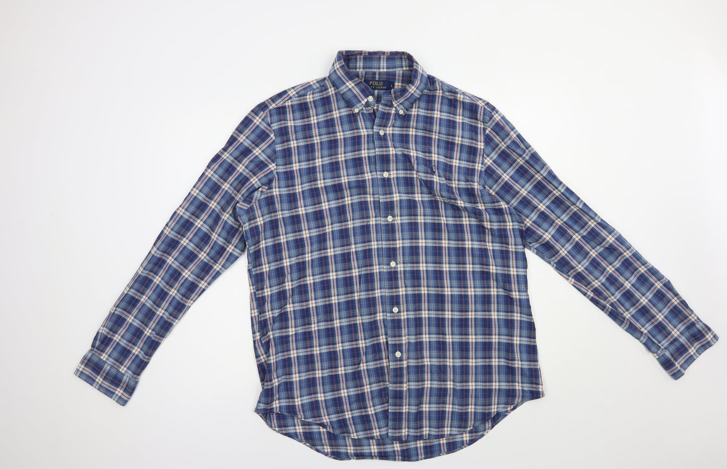 Polo Ralph Lauren Mens Blue Plaid Cotton  Button-Up Size L Collared Button