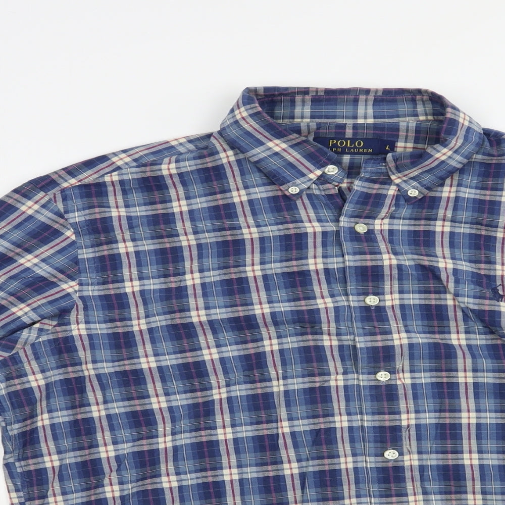 Polo Ralph Lauren Mens Blue Plaid Cotton  Button-Up Size L Collared Button