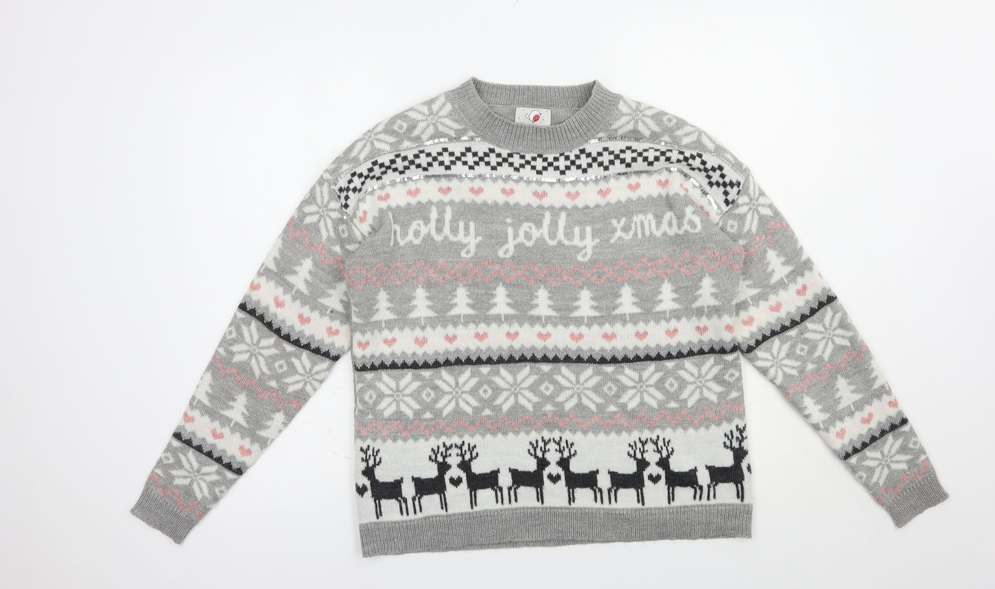 George Womens Grey Crew Neck Fair Isle Acrylic Pullover Jumper Size S   - Christmas