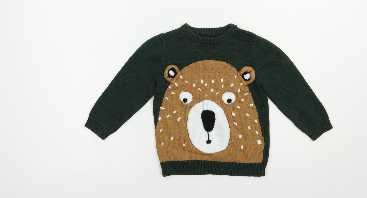 Matalan Boys Green Crew Neck  Cotton Pullover Jumper Size 2-3 Years  Pullover - Cute Bear