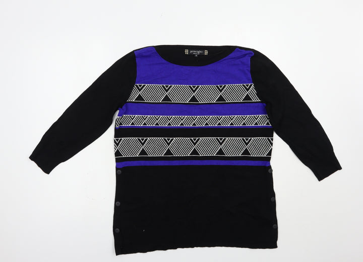 Principles Womens Black Boat Neck Geometric Viscose Pullover Jumper Size 14