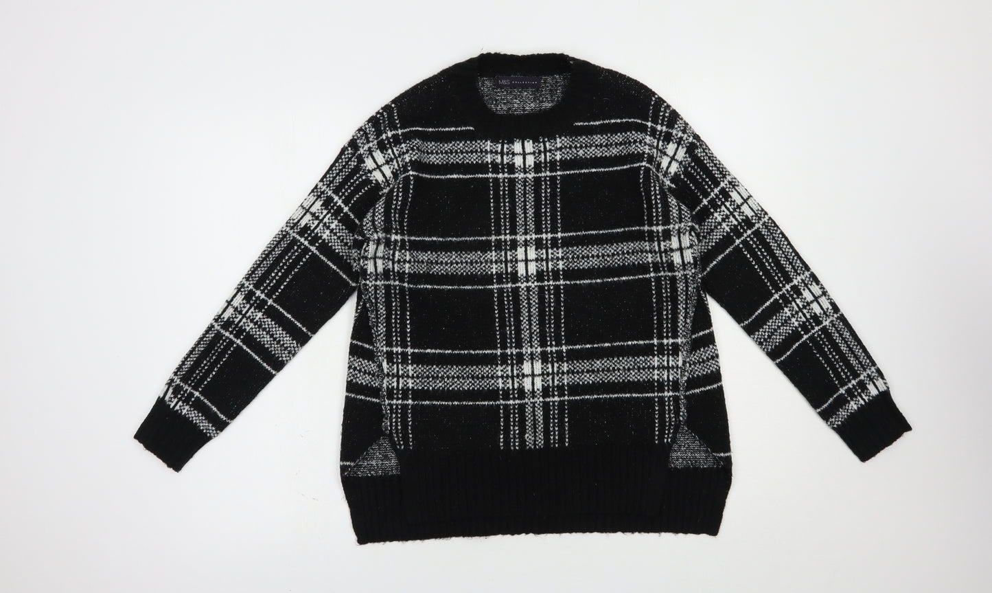 Marks and Spencer Womens Black Crew Neck Plaid Acrylic Pullover Jumper Size S