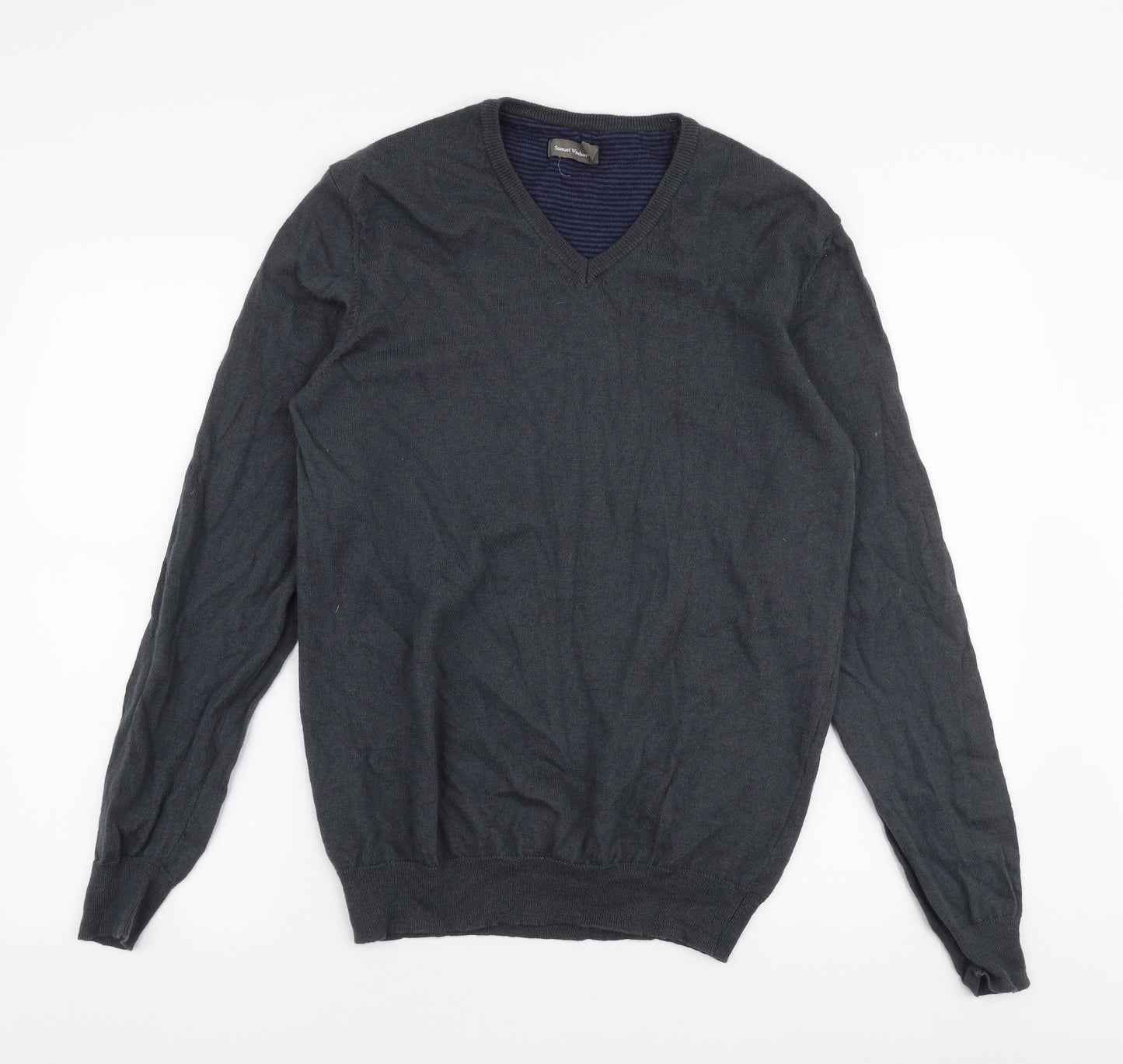 Samuel Windsor Mens Grey V-Neck  Cotton Pullover Jumper Size L