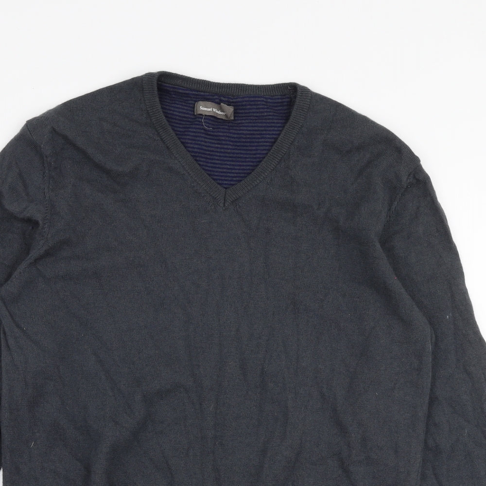 Samuel Windsor Mens Grey V-Neck  Cotton Pullover Jumper Size L