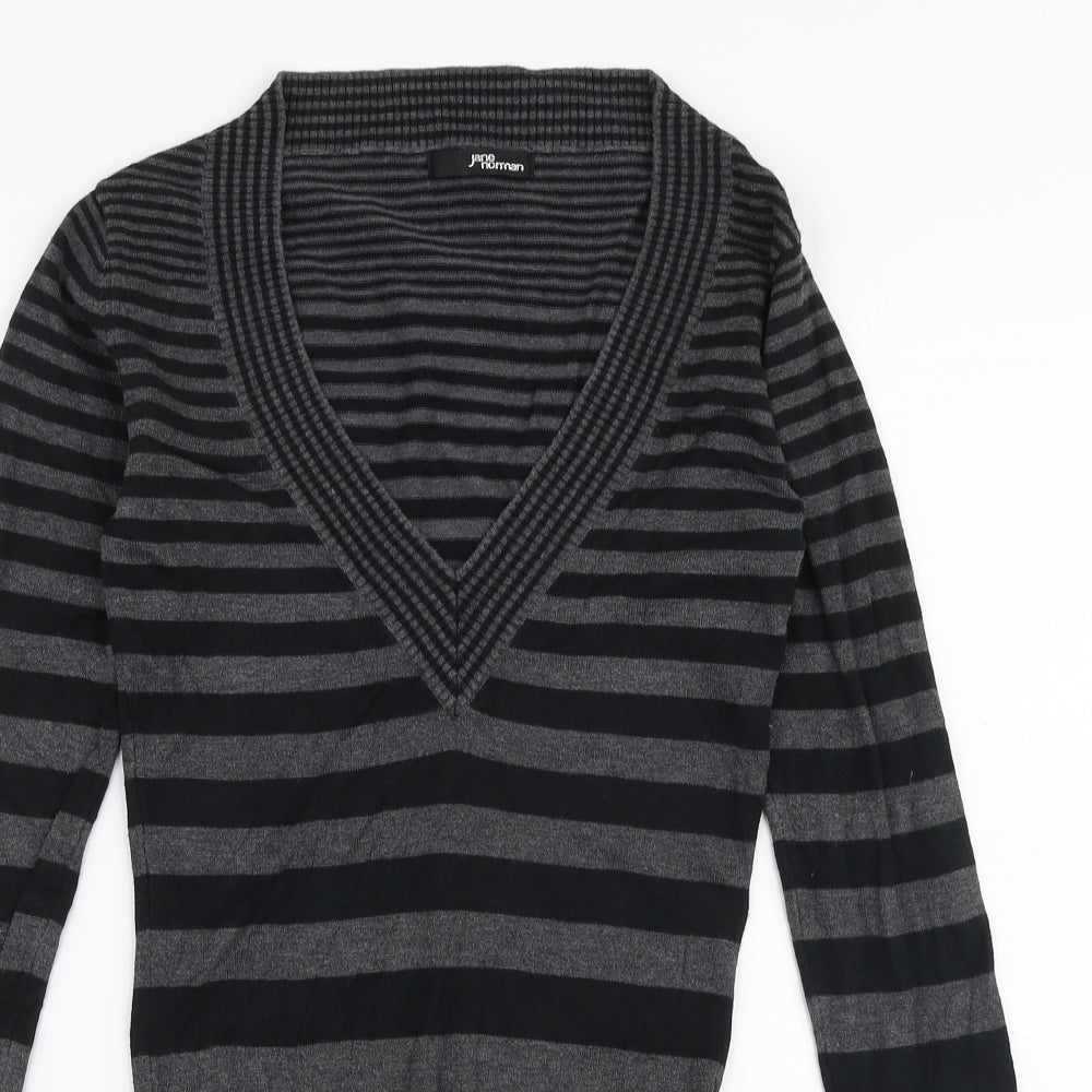 Jane Norman Womens Grey V-Neck Striped Viscose Pullover Jumper Size 8