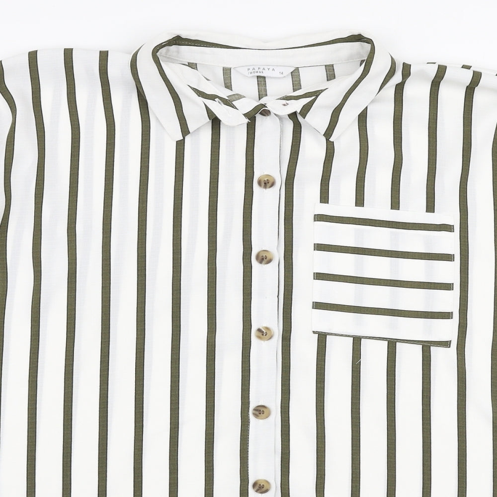 Papaya Womens White Striped Polyester Basic Blouse Size 14 Collared
