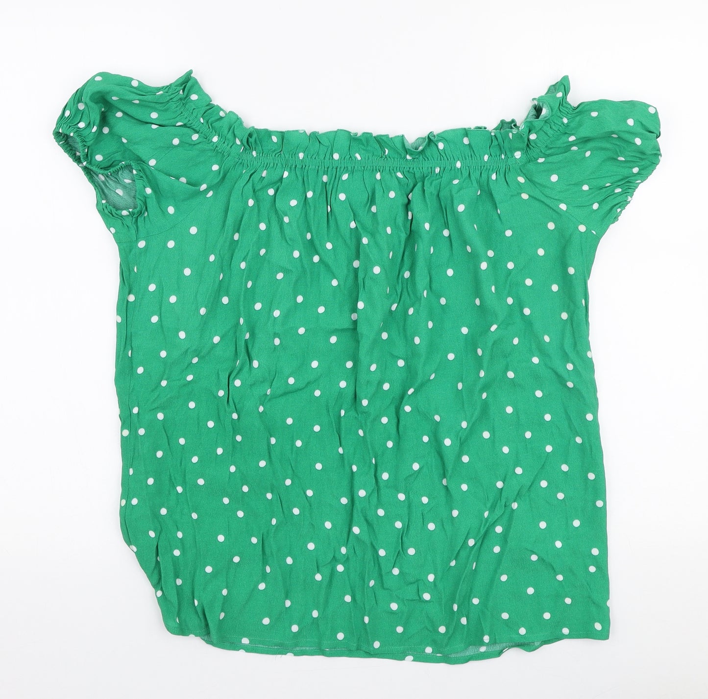Preworn Womens Green Polka Dot Viscose Basic Blouse Size 14 Off the Shoulder